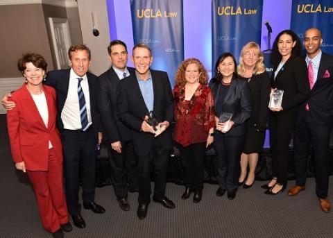 From left: Katharine DeShaw, William Anderson ’88, Brad Sears, Chuck Williams, Dean Jennifer Mnookin, the Hon. Jacqueline Nguyen ’91, Eileen Decker, Cheryl Lott ’04 and Roddrick Jackson
