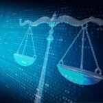 Graphic showing the scales of justice and numerical code on a computer monitor