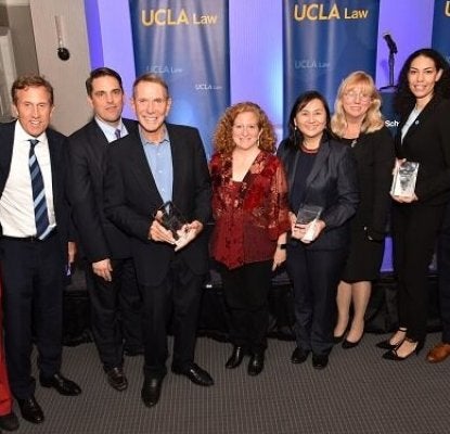 From left: Katharine DeShaw, William Anderson ’88, Brad Sears, Chuck Williams, Dean Jennifer Mnookin, the Hon. Jacqueline Nguyen ’91, Eileen Decker, Cheryl Lott ’04 and Roddrick Jackson.