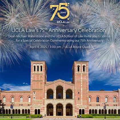75th anniversary celebration flyer featuring an image of Royce hall with fireworks in the sky