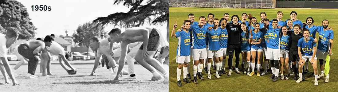 Law students playing football in the 1950s (left) and UCLA Law soccer team
