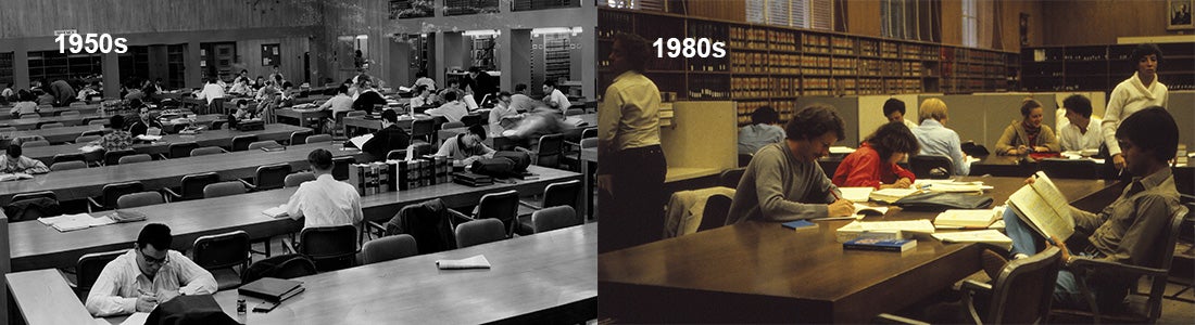 Inside the UCLA Law Library in the 1950s (left) and in the 1980s (right)