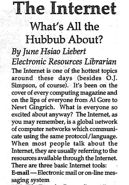 A Daily Bruin newspaper clip noting The Internet, What's All the Hubbub About