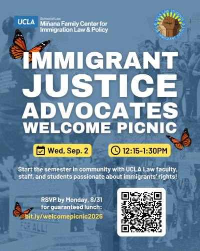 Blue poster with butterflies for the Immigrant Justice Advocates Welcome Picnic