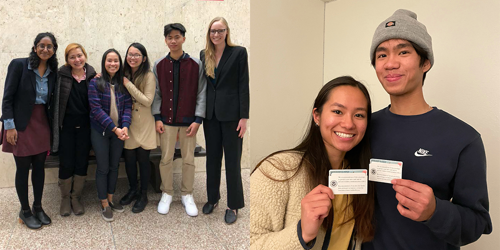 Left: RFK student siblings with their UCLA Law student representatives. Right: The siblings with their green cards.