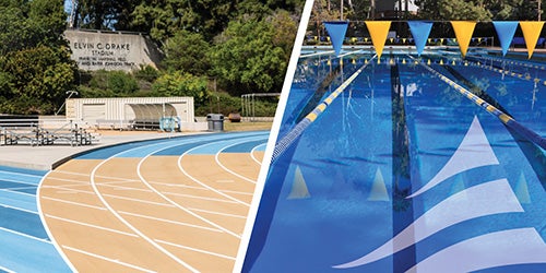 Drake Stadium (left) and a swimming pool (right)