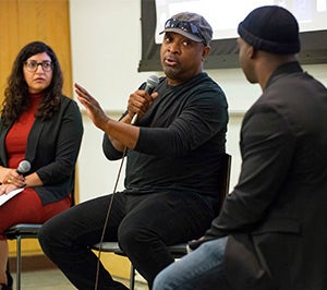 Alicia Virani, associate director, UCLA Law Criminal Justice Program; Chuck D. activist and co-founder of the hip hop group Public Enemy; and Bryonn Bain, director of the UCLA Prison Education Program.