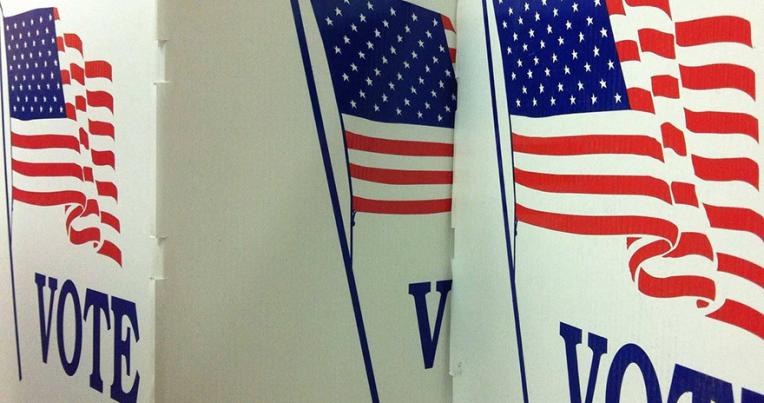 Voting booth dividers with a US flag and the word VOTE on them