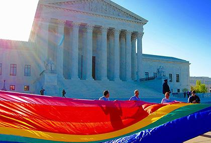 Pride flag in front of the US Supreme Court building.  Photo: Jordan Uhl/Flickr