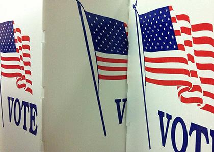 Voting booth dividers with a US flag and the word VOTE on them